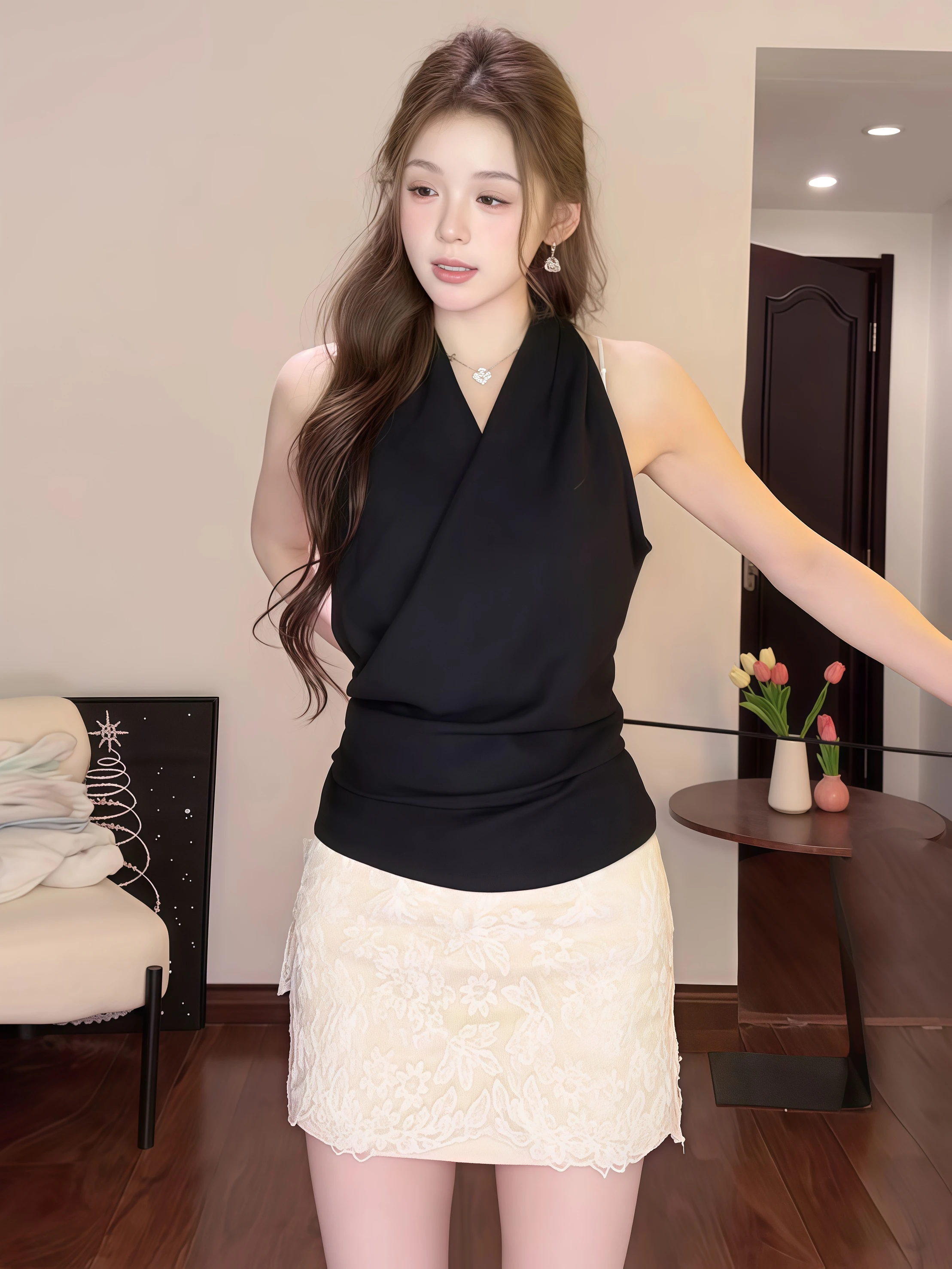 Summer New Style Women's Lace Short Skirt Sleeveless V-Neck Cross Tie Waist Pure Desire Fashion Commute Slim Fit Vest