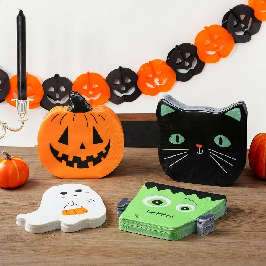 100 pièces serviettes en papier Halloween 3 plis fantôme citrouille chat noir serviette de déjeuner effrayant Dert dîner serviette à main pour la fête 6.5x6.5