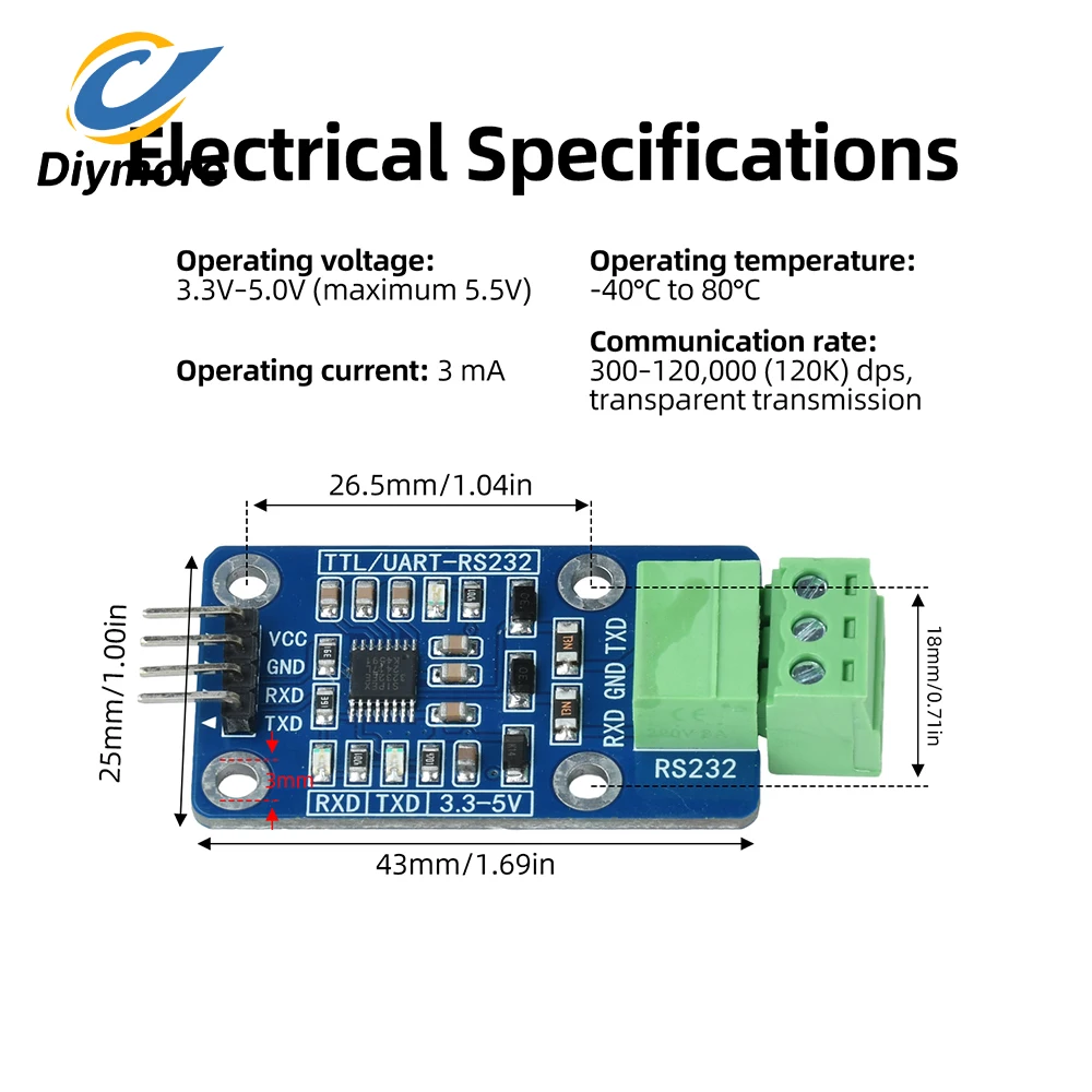 DC 3.3V-5V Power Supply TTL232 Module TTL to RS232 Module Serial Port  Level Conversion Conversion Module 300-120000（120K）bps