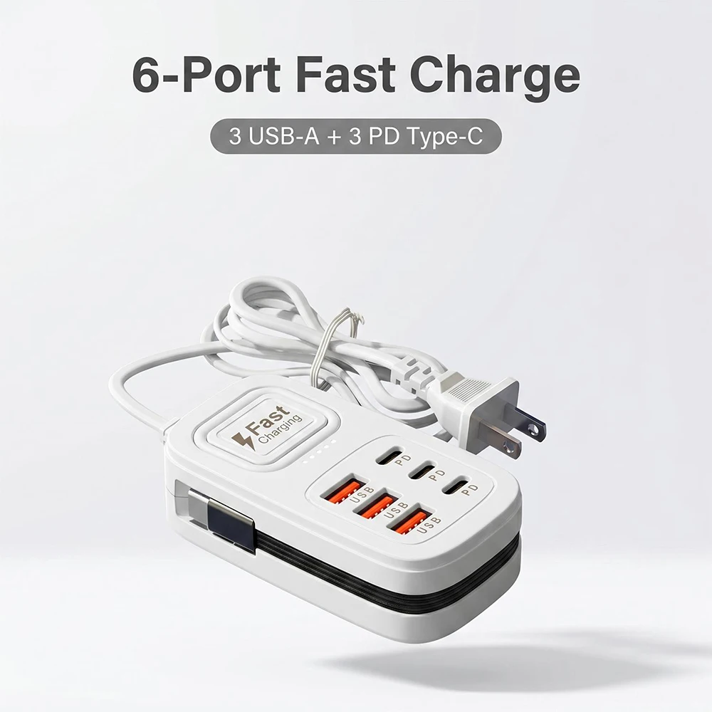 6 Ports USB Fast Charge Charger Desktop Power Strip  3 PD Multi Device Charging Station EU UK US Plug Type C HUB Adapter Socket