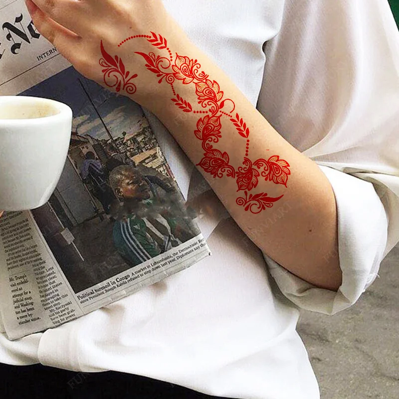 New Design Red Henna Tattoo Stickers for Hand Foot Flower Temporary Tattoos for Woomen Wedding Party Fake Tattoo Waterproof