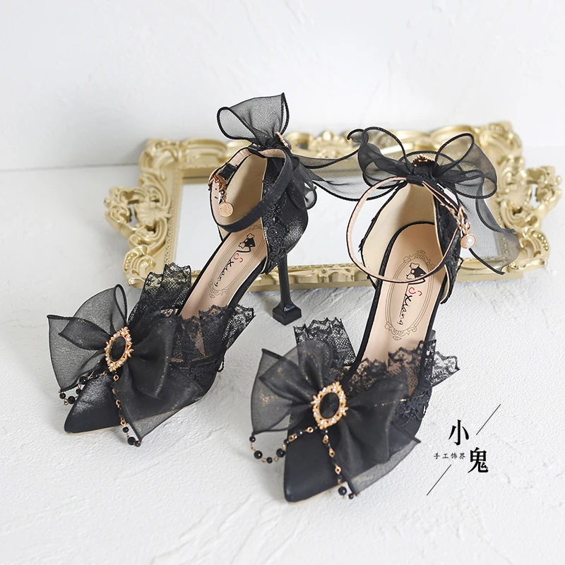 Elegante Lolita Gothic Dark Bow Lace Sapatos de salto alto, Sapatos Floral Apontado, Saltos Finos, Adulto