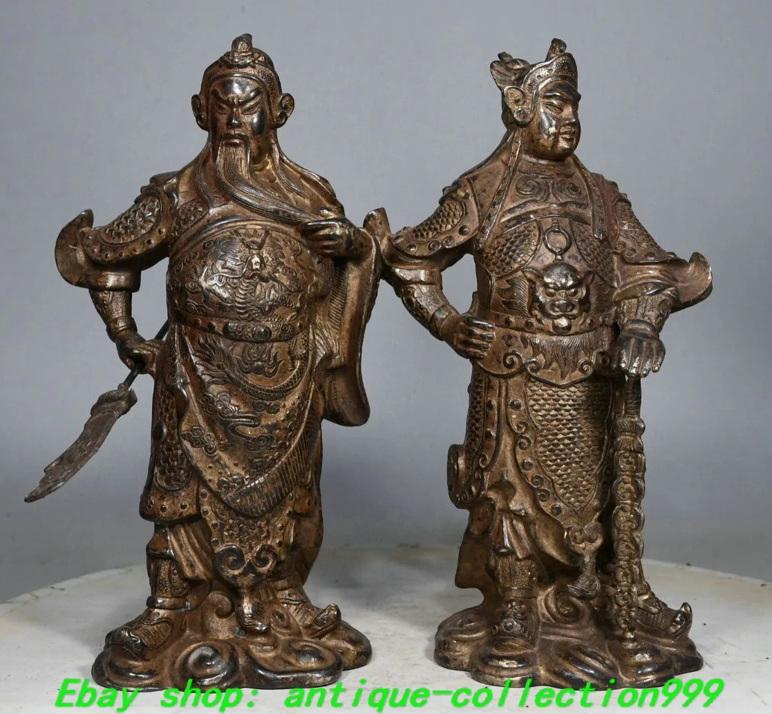 

9.8 inch Old Dynasty Pure Bronze Pass Gong Yu Vedda Veddavedas Weituo Statue Pair Sculpture gilded Brass