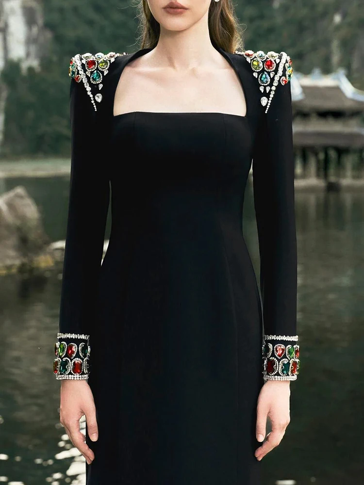 VC Elegant Dresses For Women Long Sleeves Black Bandage Bodycon Gown Colorful Crystal Evening Party Dresses 2024 New