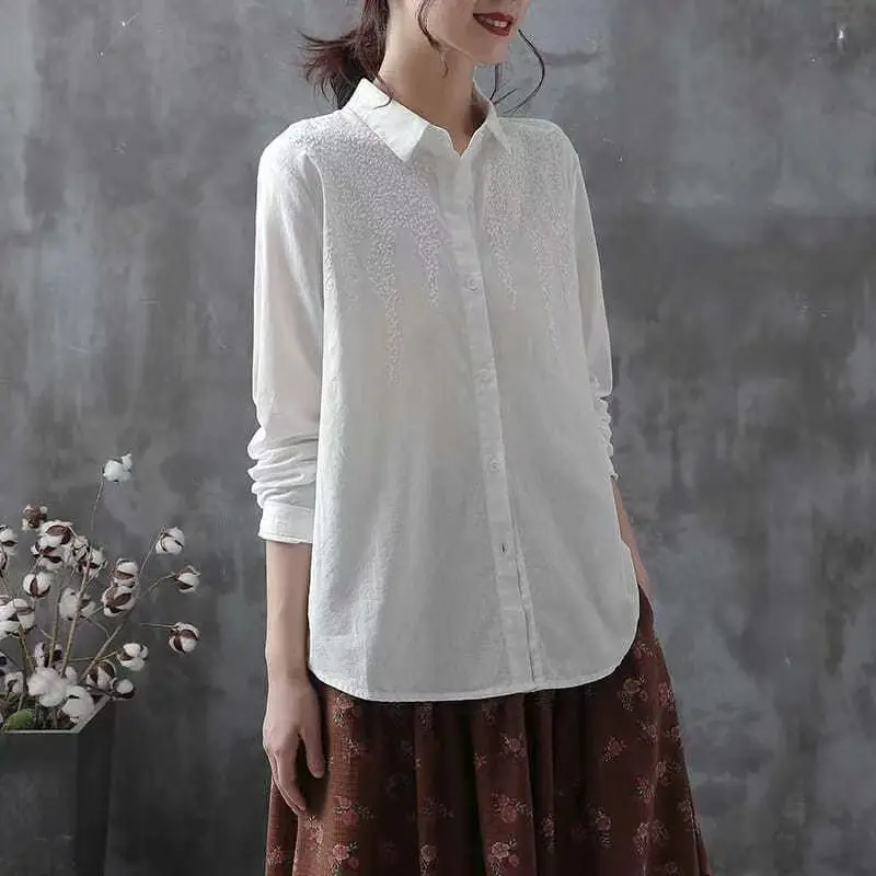 Pure Cotton Embroidered Shirt Women Loose Casual Retro Literary 2025 Spring and Autumn New Long-sleeved White Shirt Chic Top