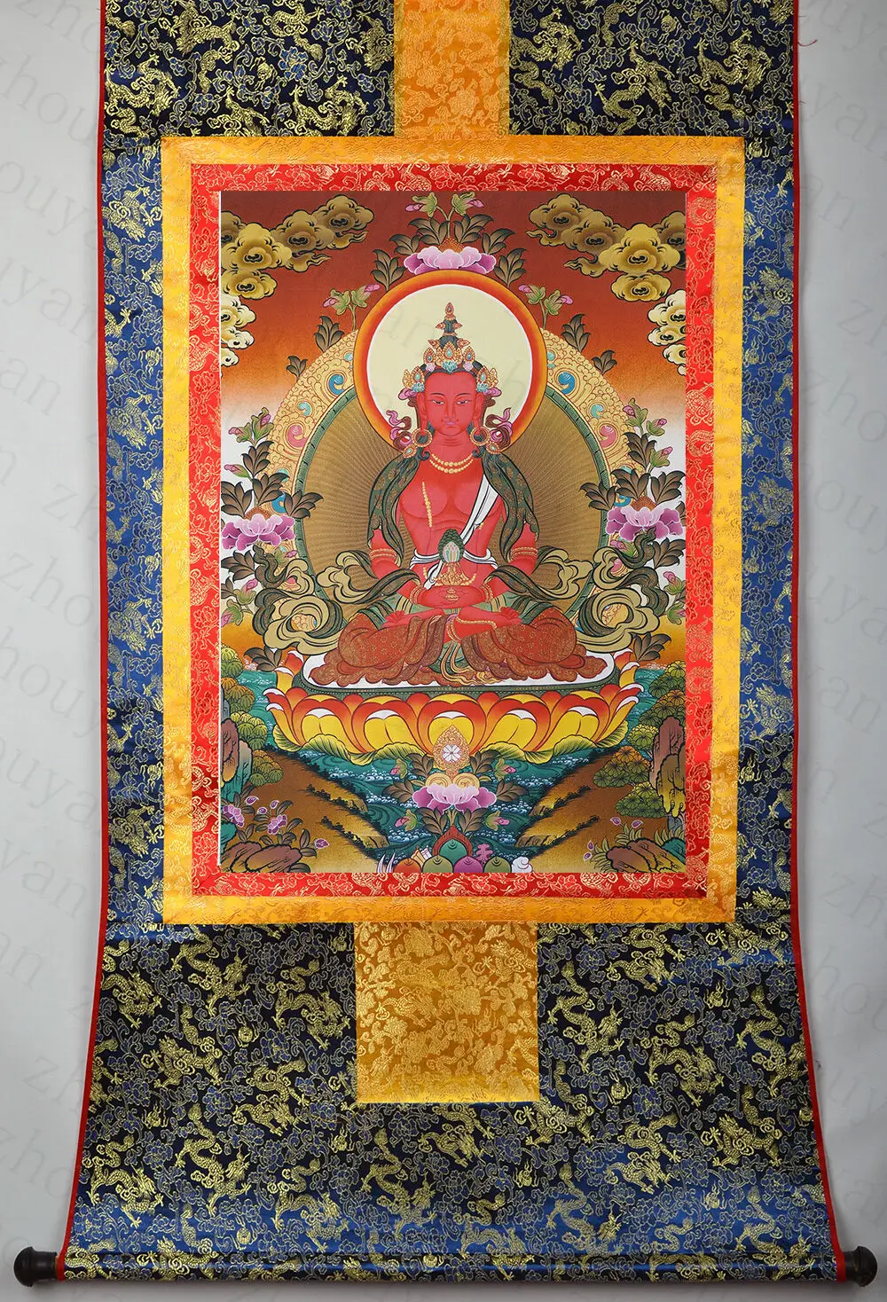 

32" Dragon Brocaded Wood Scroll Tibetan Thangka - Amitabha Buddha of Longevity