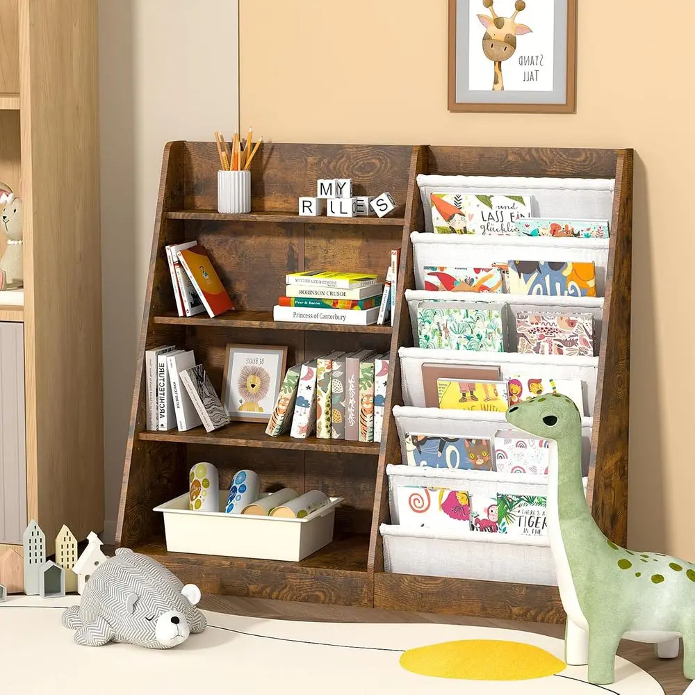 

4-Tier Wooden Bookcase for Kids, Nursery Storage Organizer with Adjustable Shelves for Books and Toys in Rustic Brown