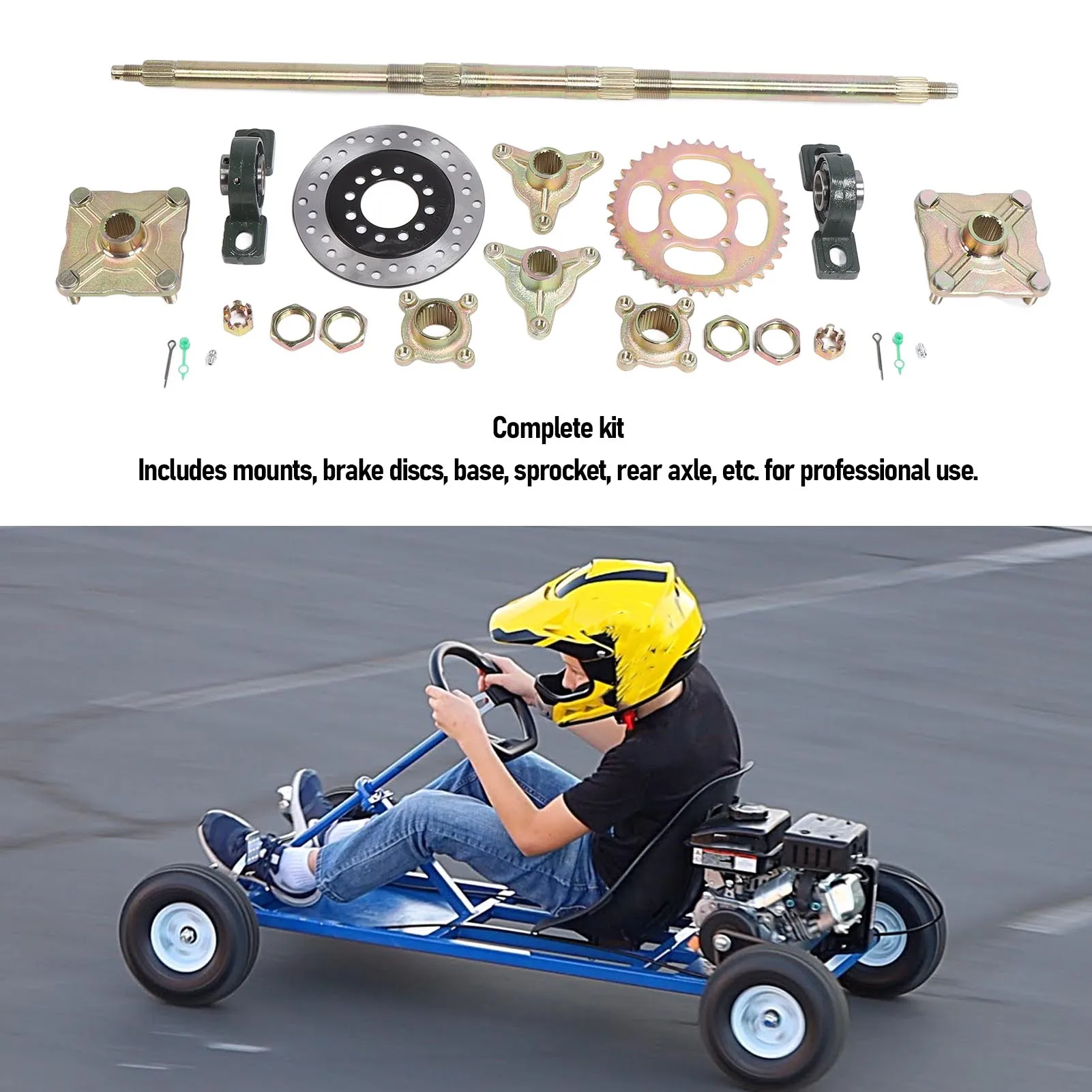 740mm Go Kart Rear Axle Kit Heavy Duty Mount Brake Disk Base Sprocket Rear Axle for 50 to 150CC DIY Rebuilt ATVs Quads