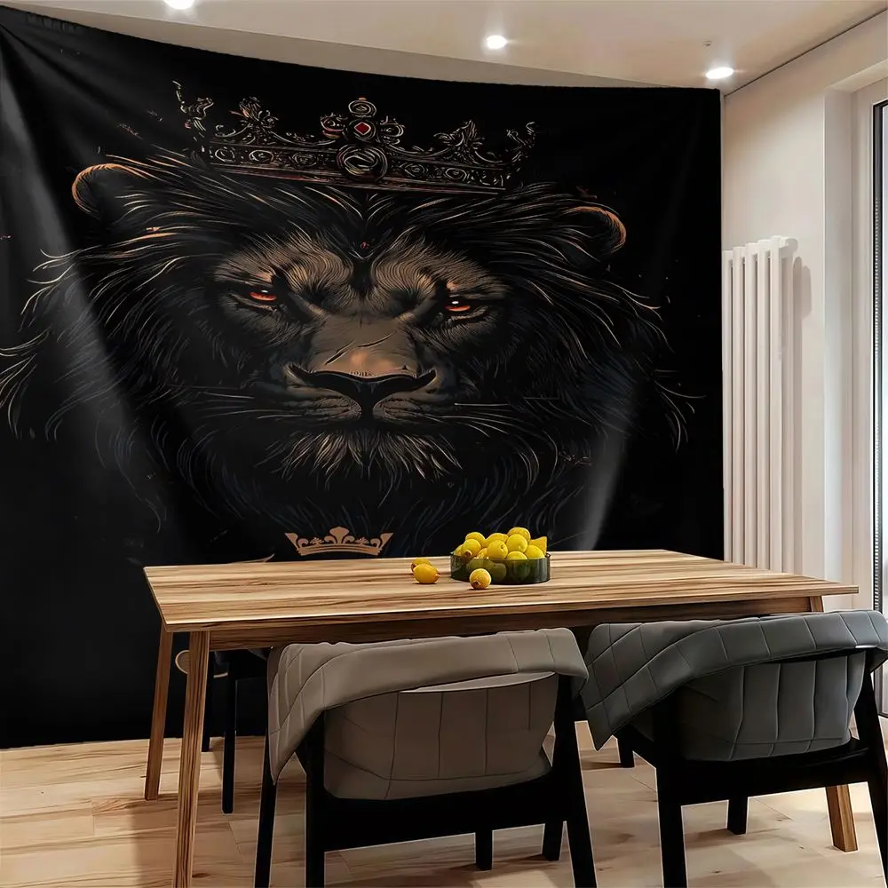 King Lion Crown Tapestry Wall Hanging, Dramatic Red Eye Digital Print Bedspread Cover for Bedroom Living Room Decor