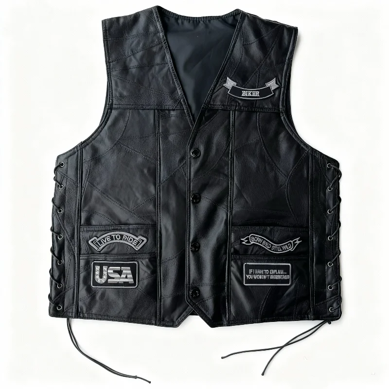 Vintage Motorcycle Biker Leather Vest Skull Skeleton Embroidered Back Patch Adjustable Side Lace‑Up Sleeveless Riding Gilet view 2