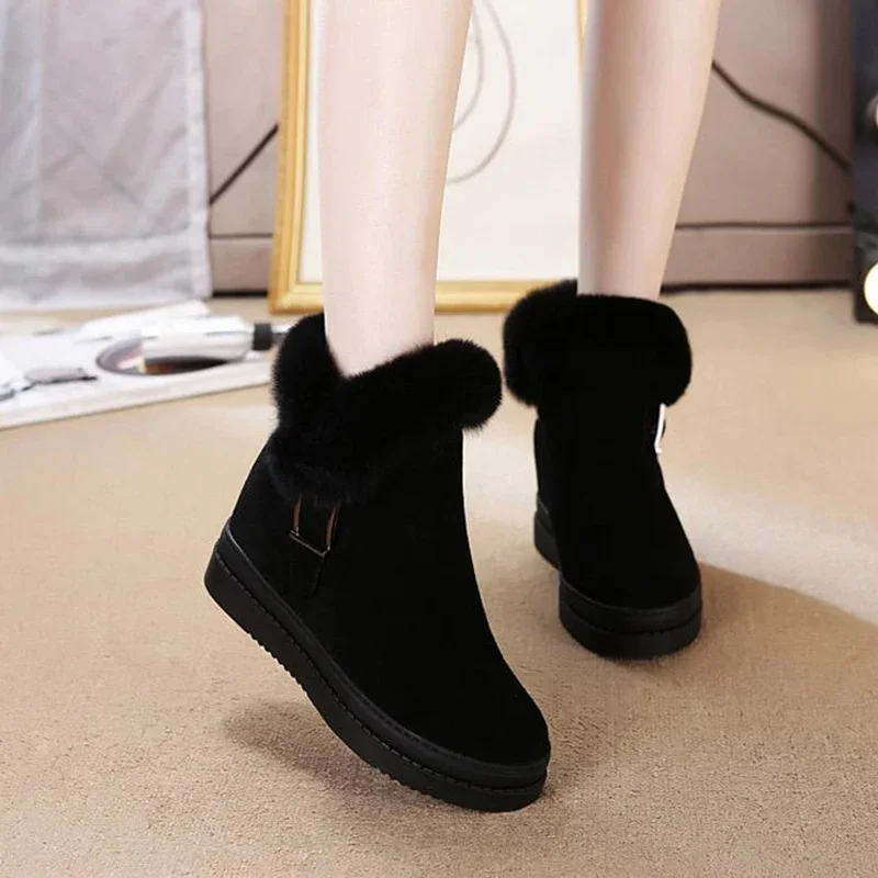 New Winter Shoes Women Snow Boots Height Increasing 7.5cm Flat Warm Plus Genuine Leather Women Ankle Boots Pure Black DX188