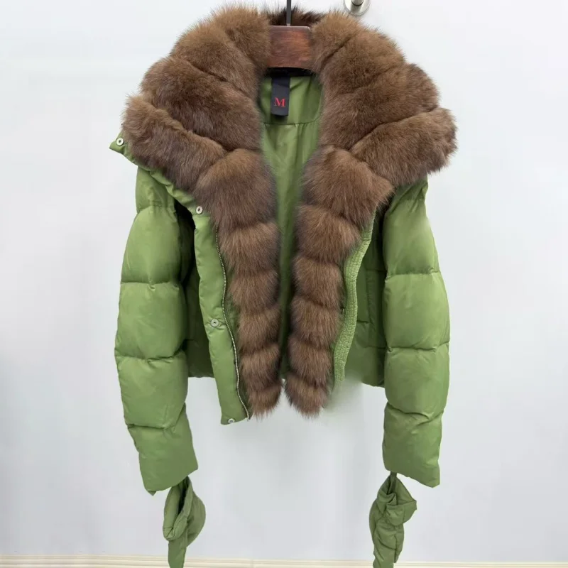 High quality winter new women's fox fur collar hooded down jacket y2k fashionable casual thick warm goose down coat warm gloves