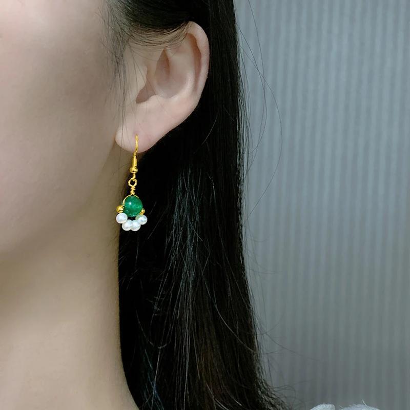 

NYMPH New Freshwater Pearl Drop Earrings Green Agate Ear Jewelry 8-9mm Handmade Fine Anniversary Gift For Women E587