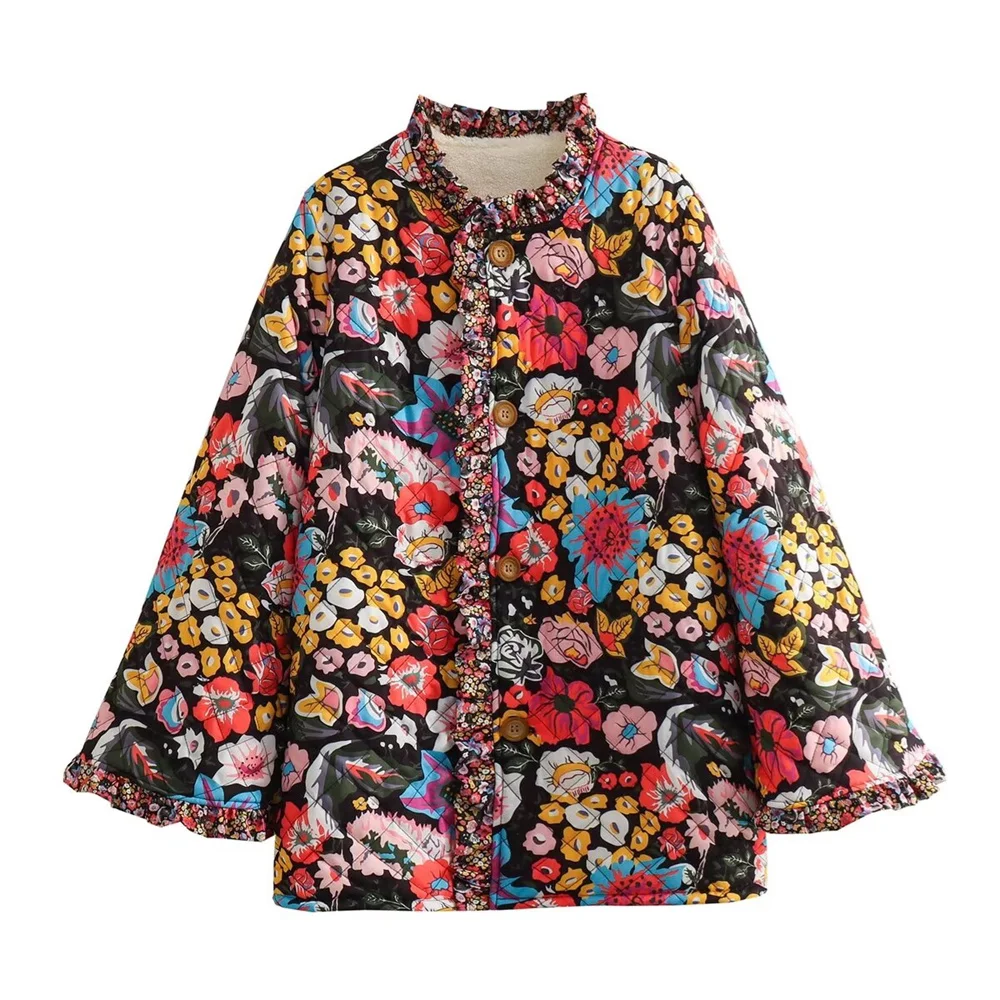 PB&ZA flower print thickened warm stand up collar jacket for autumn and winter new women's top