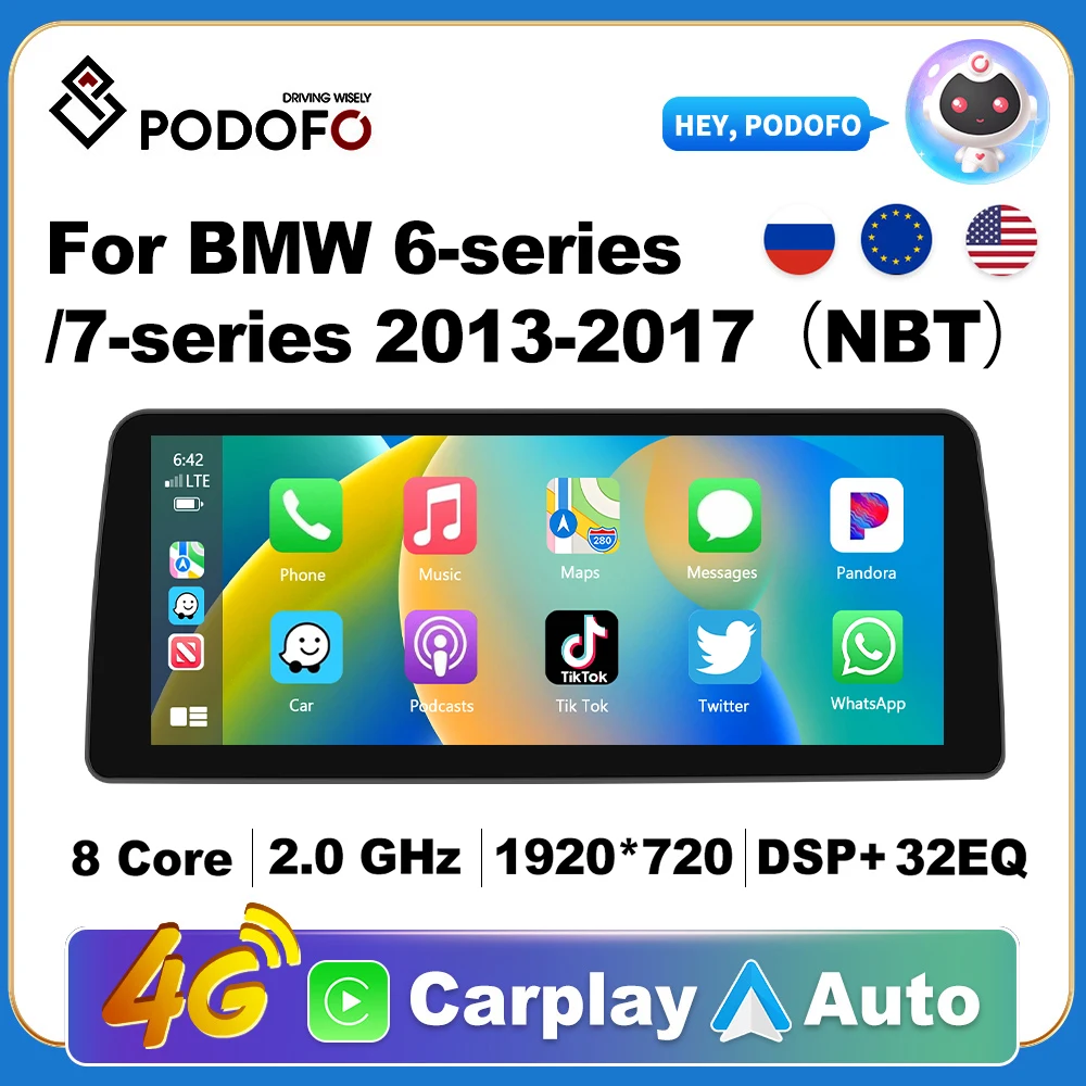 Podofo Wireless CarPlay Andorid Auto Car Radio For BMW 6/7 series 2013-2017 NBT AI Voice Multimedia GPS 2din autoradio