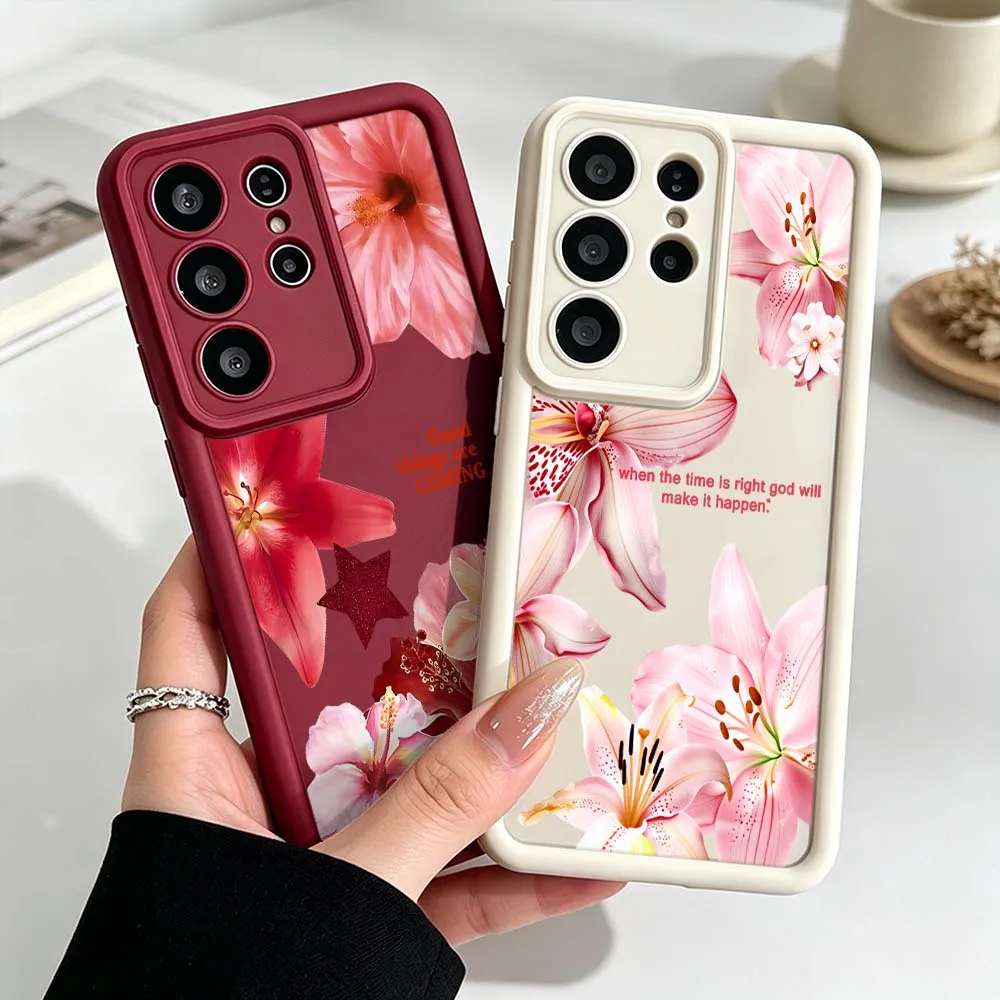 Fresh Pink Hibiscus Flower For Samsung Galaxy S26 S25 S24 S23 S22 S21 S20 Ultra Plus FE Eye Ladder Silicone Phone Case Cover