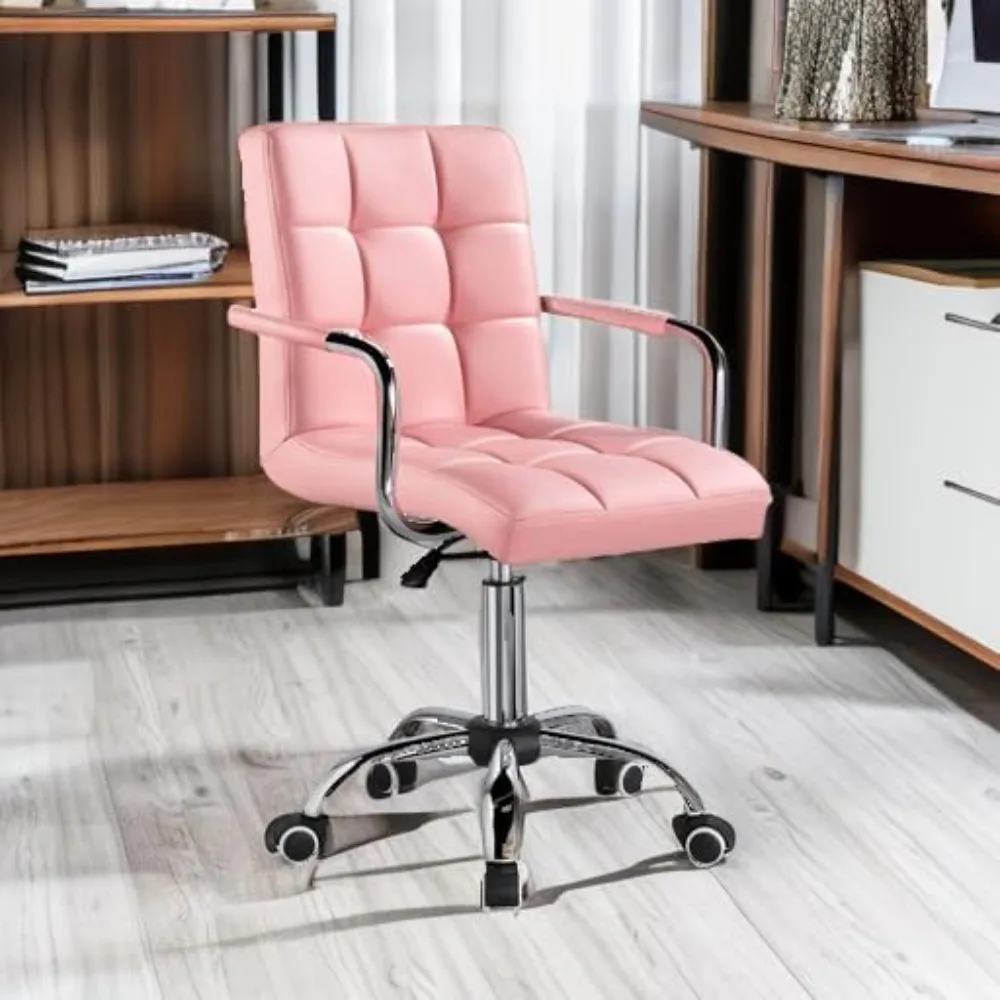 Modern PU leather office chair, with wheels/armrests, height adjustable, suitable for home and office use, with wheels, pink.