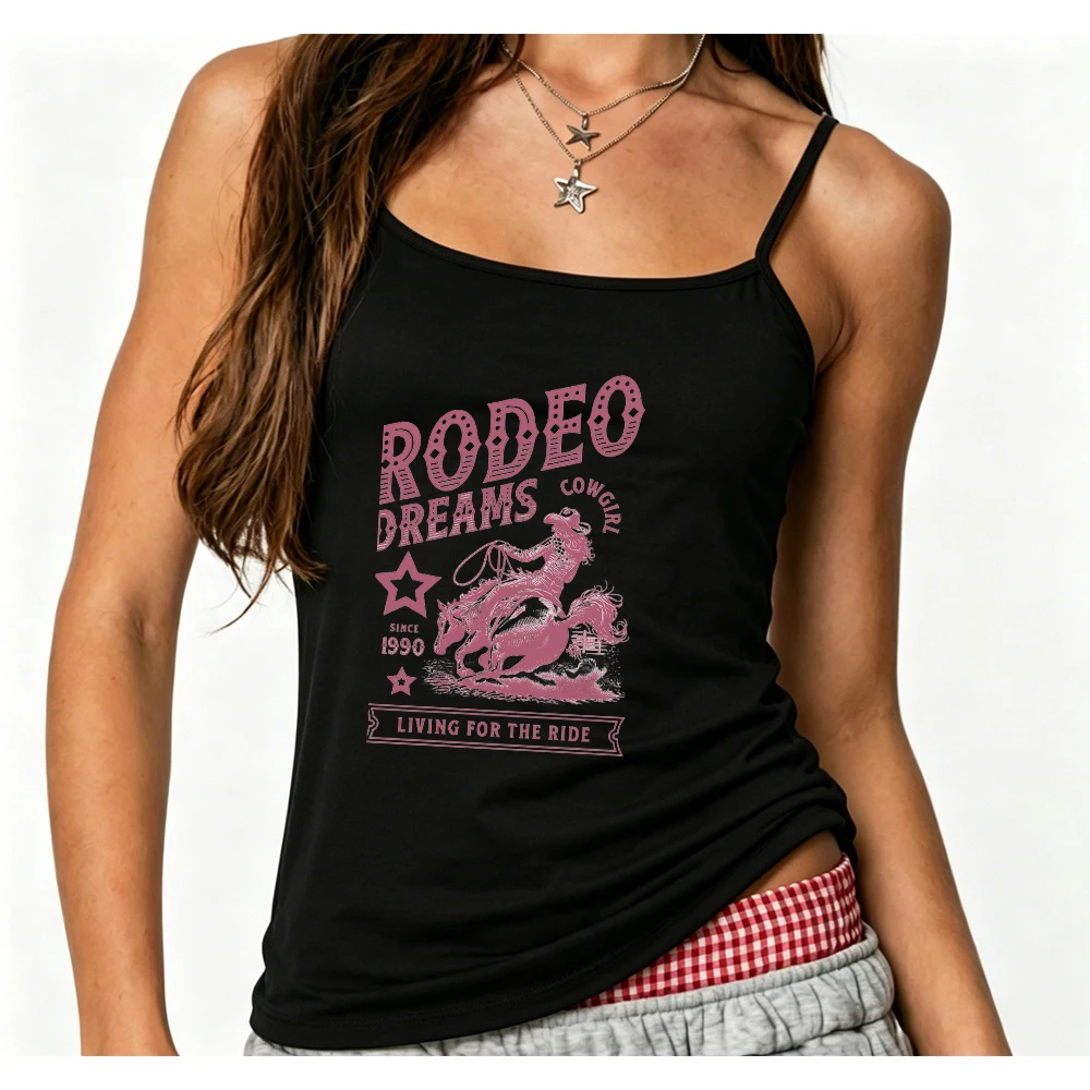 Rodeo Cowgirl Dreams Strappy Tops Set Western Horse Black White Graphic Sleepwear Club Wear Streetwear Beach Vest Shirt