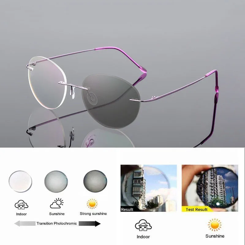 Randlose Photochrome Myopie‑Brille Titanlegierung Rund Männer Frauen Rezeptbrille Sonnen‑Farbwechsel Für Draußen – Detail 11