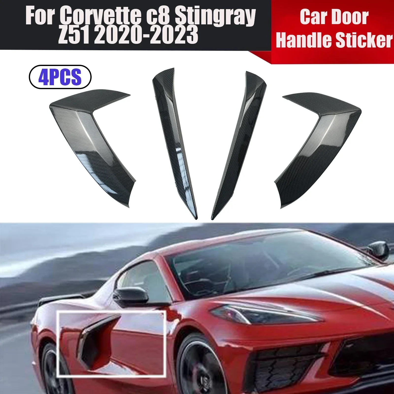 For Corvette c8 Stingray Z51 2020-2023 4PCS Door Handle Sticker Glossy Black Carbon Fiber Style Car Exterior Accessories Trim