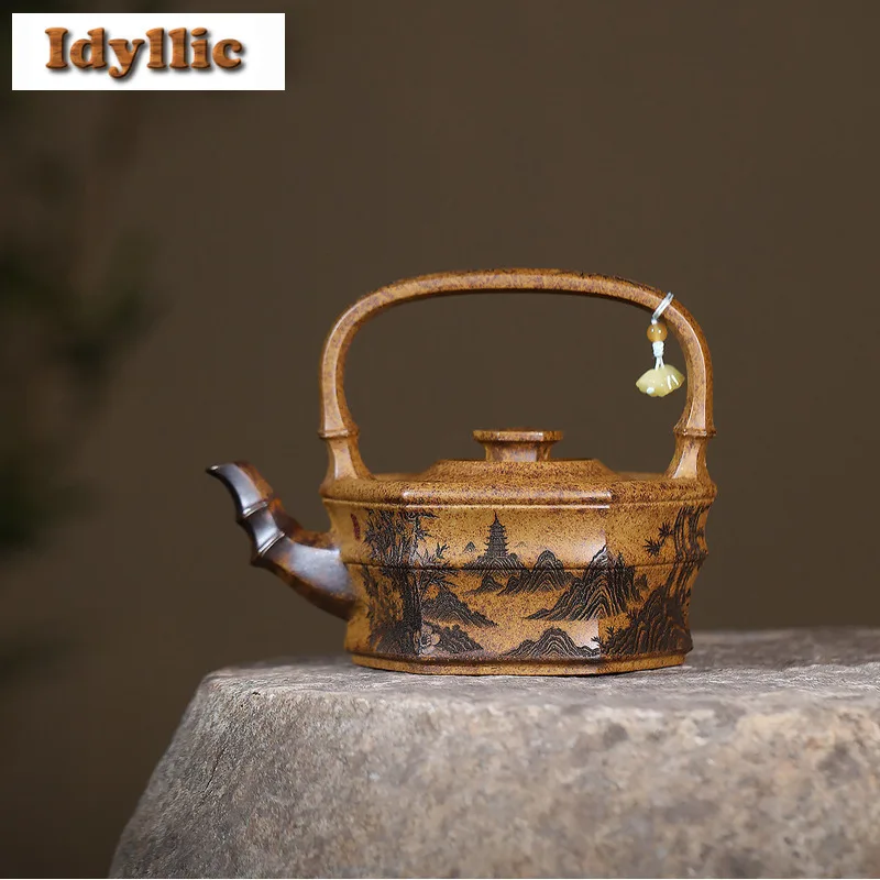 

350ml Yixing Purple Clay Teapots Handmade Lifting Handle Pot Raw Ore Wood-fired Porcelain Mud Kettle With Infuser Zisha Tea Set
