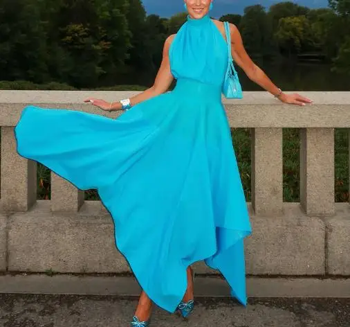 

Womens Dresses 2025 Spring Summer New Solid Color Sleeveless Hanging Neck Sexy Backless High Waist Irregular Hem Casual Dress