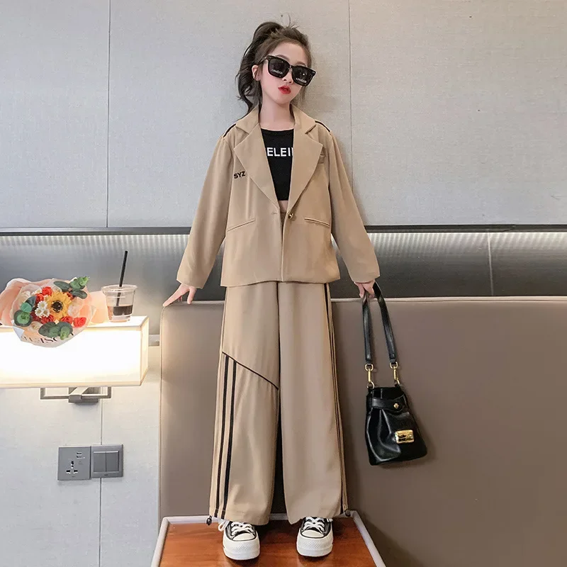 School Kids Clothes Set Spring Autumn Khaki Blazer Pants Two Pieces Teenager Children Costumes 12 13 14 Years Casual Girls Suit