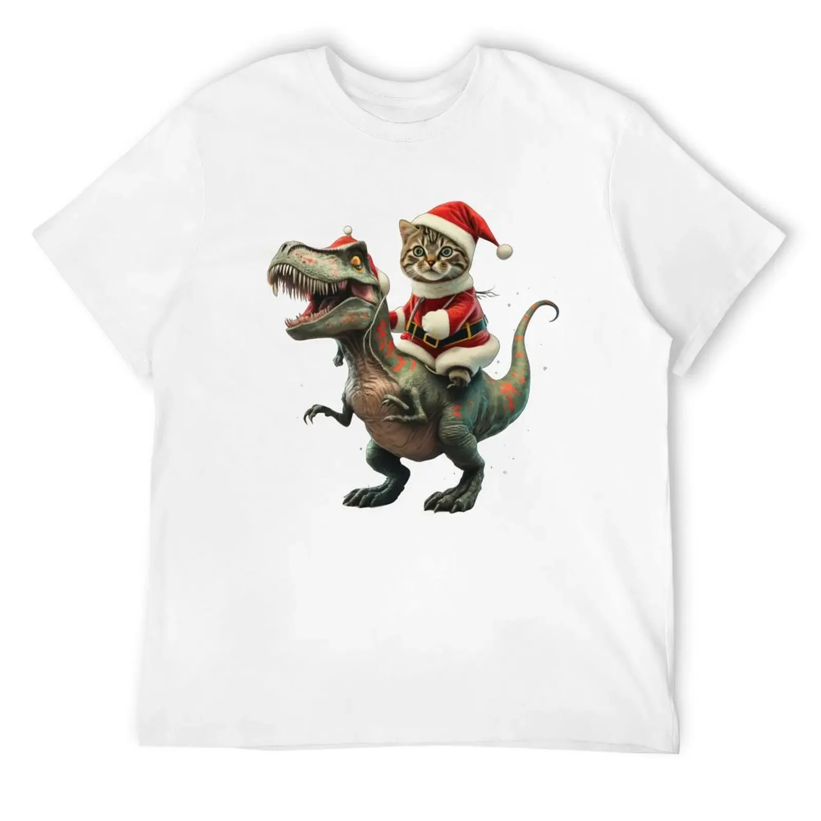 

Cat Riding A Dinosaur T Rex Christmas Gifts MERRY CATMAS Meowy Christmas CaTtmas Here Comes SANTA CLAWS in Hat Feline Fe T-Shirt