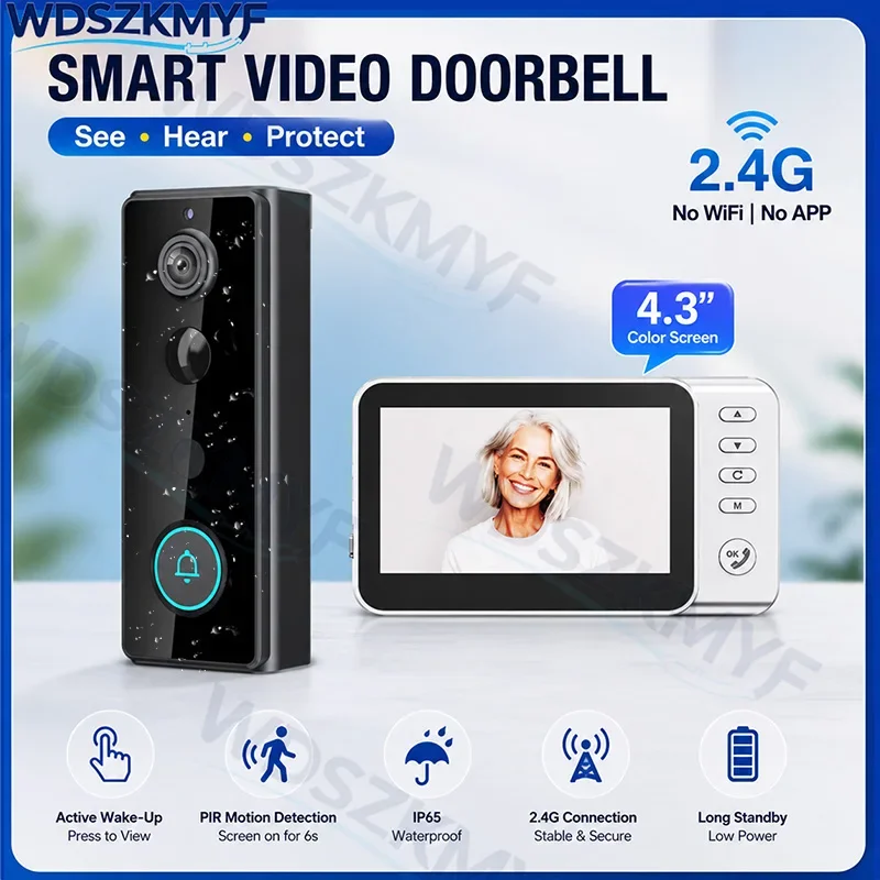 

4.3in IPS Screen Wireless Doorbell With Came PIR Sensor Waterproof Video Intercom Doorbell 2.4G Home Night Vision Security Door