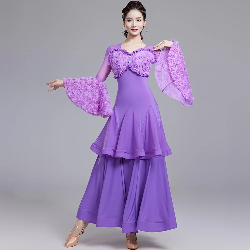 Professional Competition Dance Dress Green 2024 Waltz Dress Pink Three-dimensional Flowers Purple New National Standard Costume