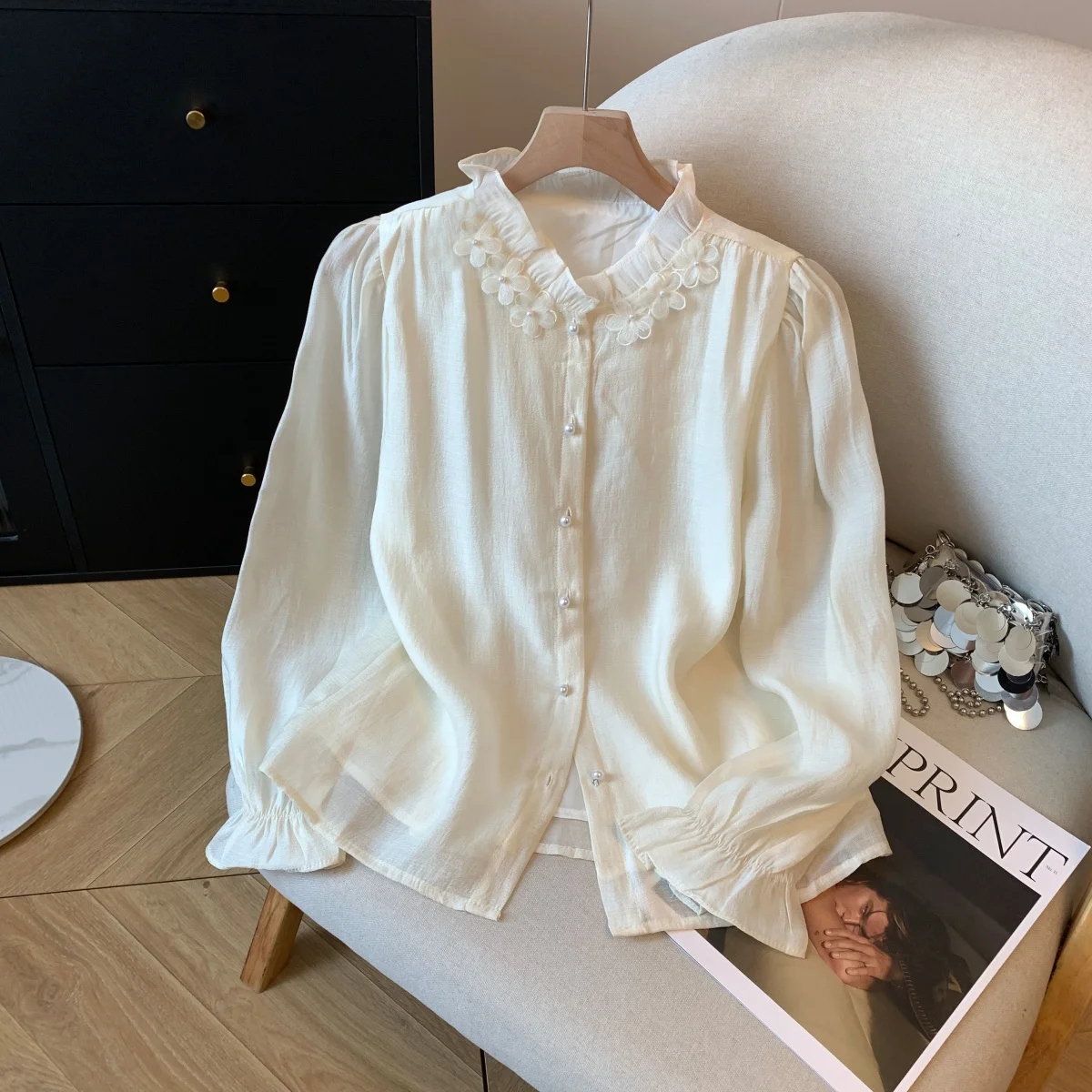 

Spring 2026 Sweet Korean Sle Long Sve Floral Print Blouse Women's Ele Design Sensation Lace Collar Casual Faion