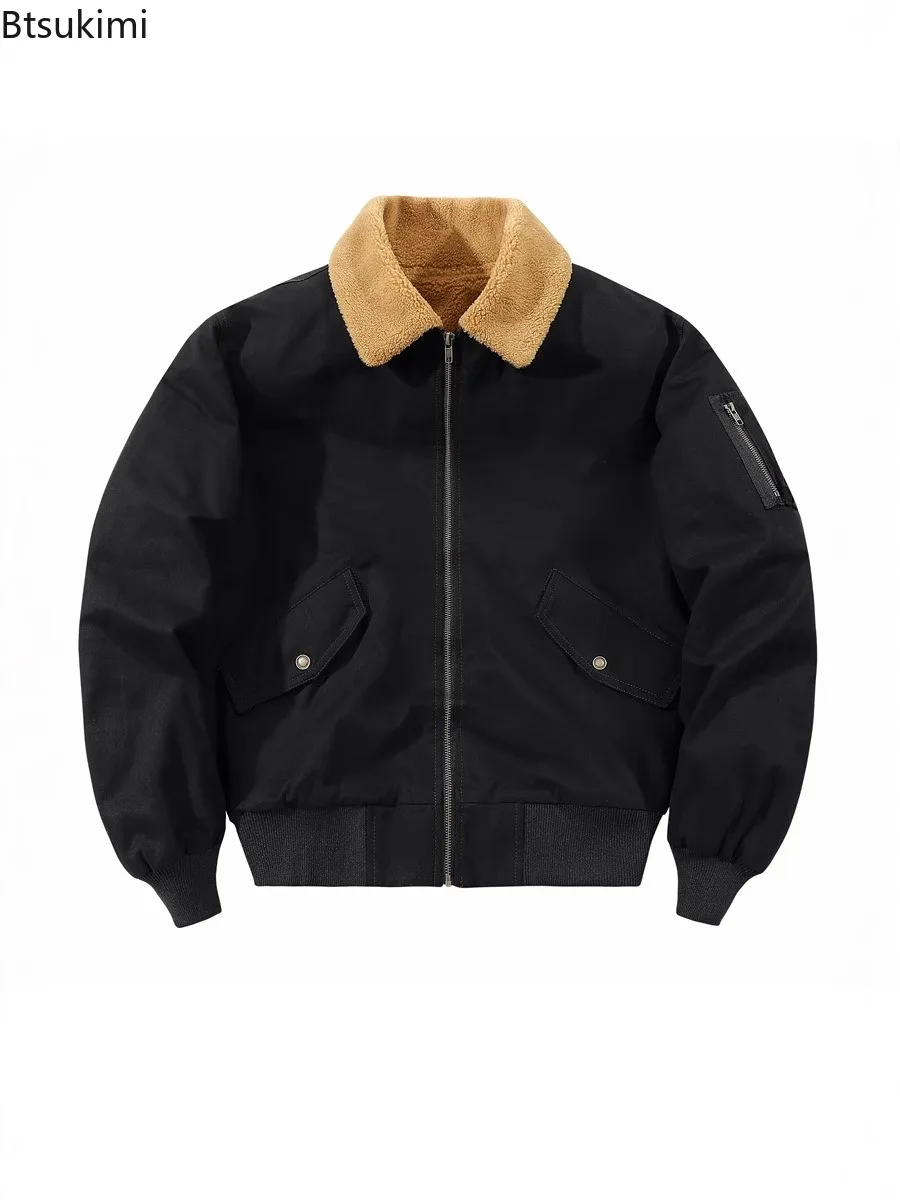 2025 Winter Outdoor Parka Jackets Men's Casual Solid Zipper Jacket Loose Fit Male Fleece Coats Vintage Pilot Tactical Thick Coat