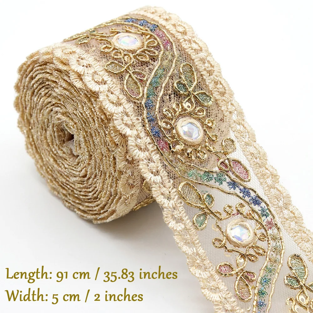 5 cm breite, mit Goldfaden bestickte Pailletten-Spitze, champagnerfarbenes Vintage-Spitzenband im Hofstil mit schillernden Pailletten, DIY-Handarbeitsmaterialien, Kleider- und