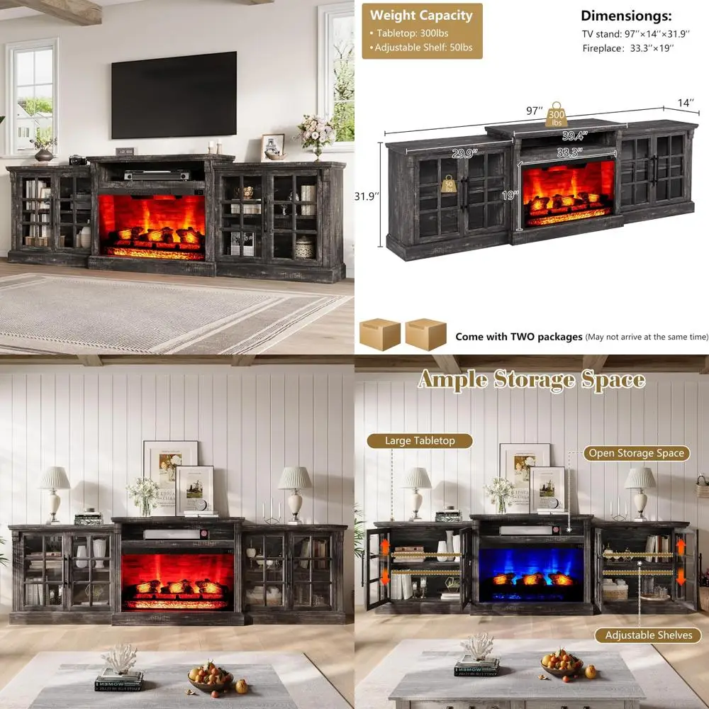 

100 TV Media Stand with Fireplace Insert, Large Storage Entertainment Center, Adjustable Shelves