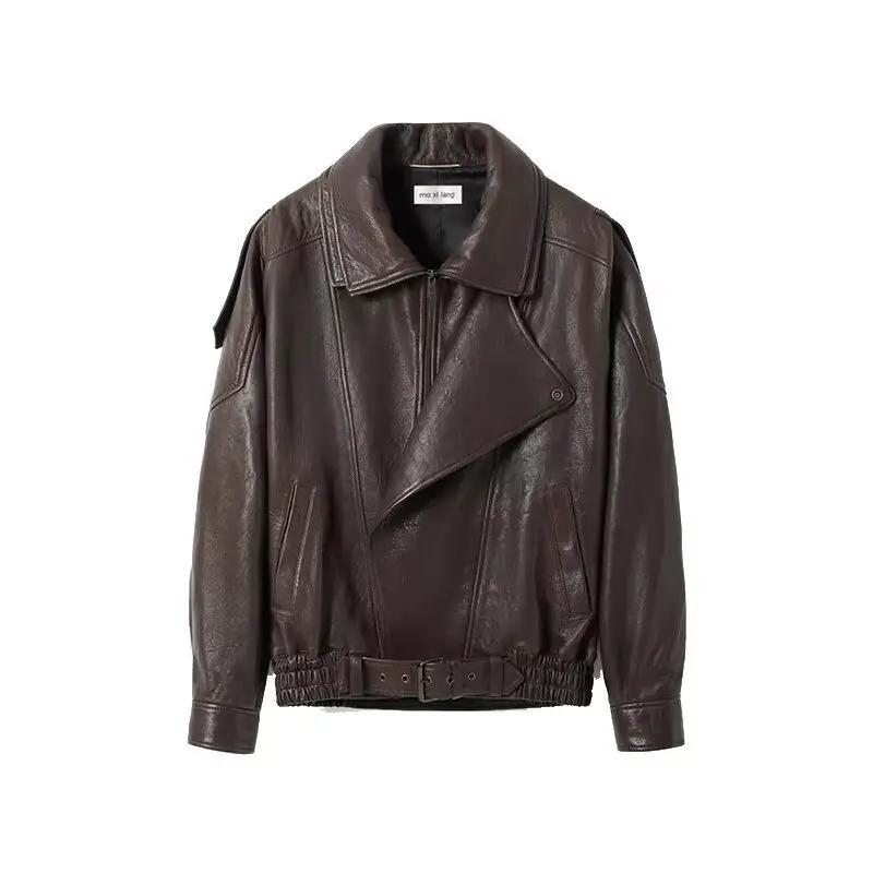 

New Female Autumn Winter Streetwears Fashion Women's Stand Collar Jacket Long Sleeve Casual Short Waist-Cinching Leather Coat