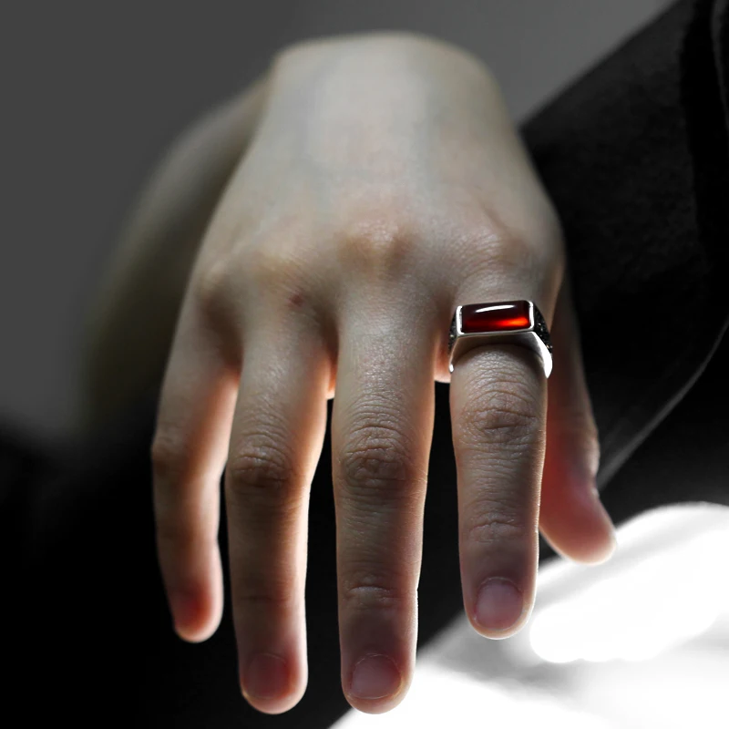 خاتم جديد من الفضة الإسترليني عيار 925 خاتم ذهبي بعملة معدنية للرجال بسيط منحنى مربع أحمر من العقيق Türkiye مجوهرات عصرية في الشرق الأوسط #3