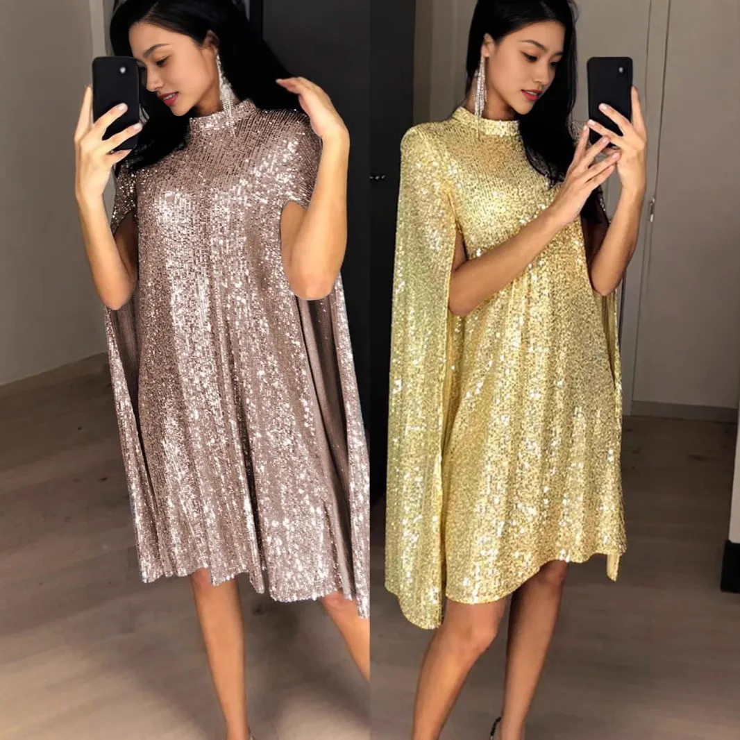 

Новинка 2025: Женское летнее платье А-силуэта с золотыми пайетками, свободного кроя, с воротником-стойкой, сексуальное, с завышенной талией, из трикотажного полиэстера, для трансграничной торговли.