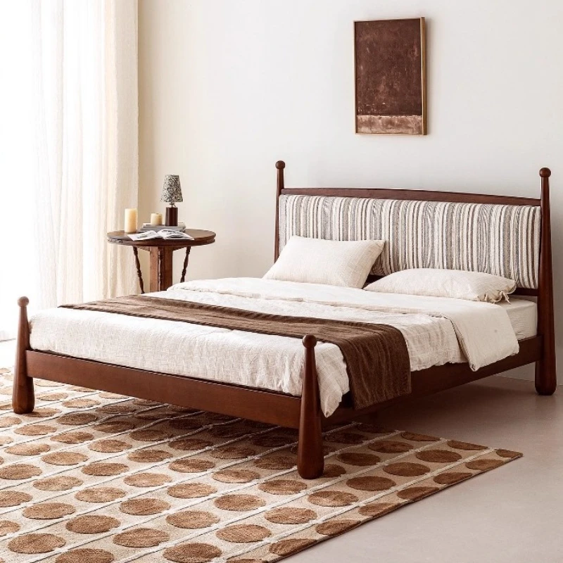 

Medieval Style King Size Bed Frame Solid Wood Bedroom Furniture French Style Retro Soft Bedside Headrest Minimalist Modern