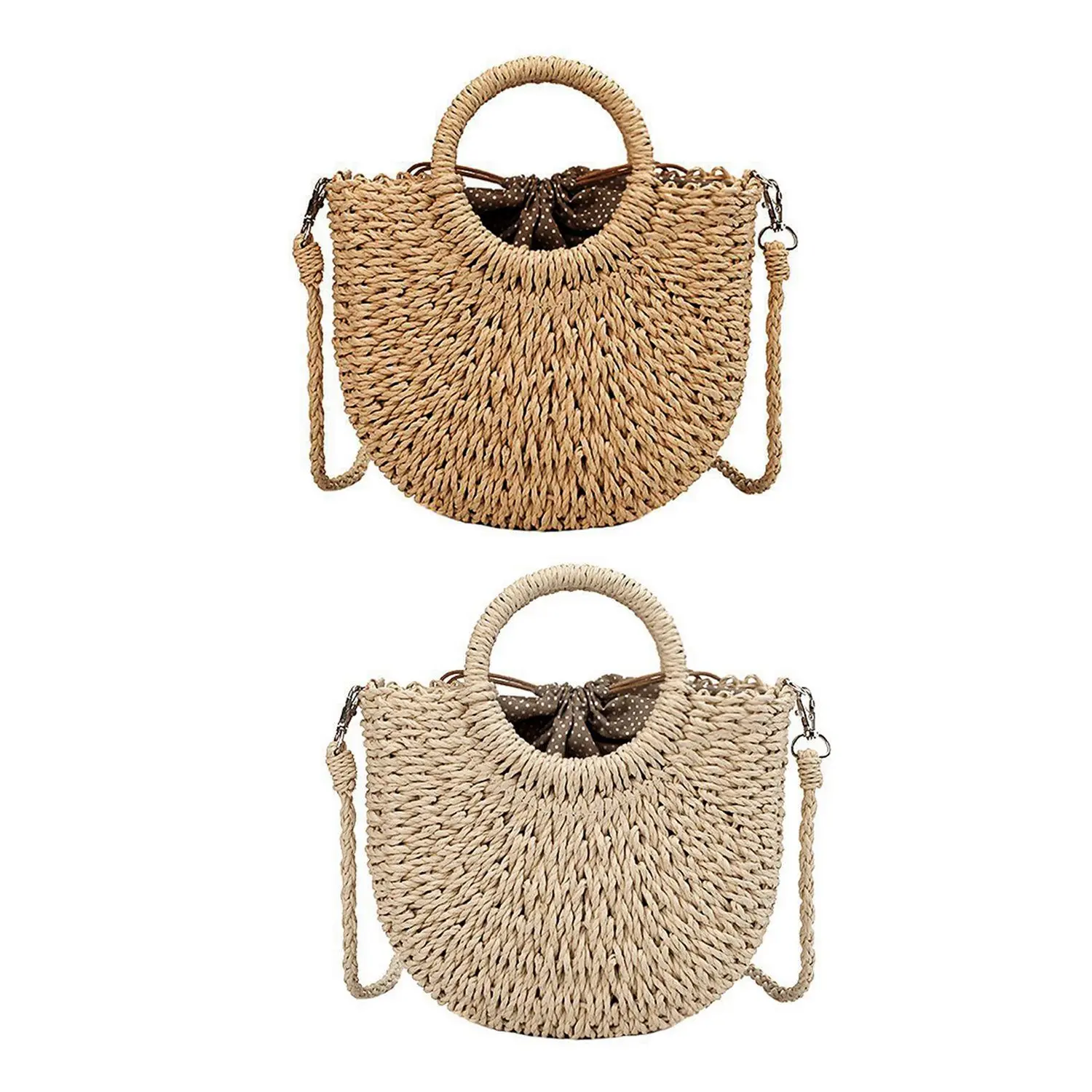 

2x Straw Woven Bag Rattan Straw Rope Knitted Women Crossbody Handbag with Ring Fresh Summer Beach Bag Brown & Beige