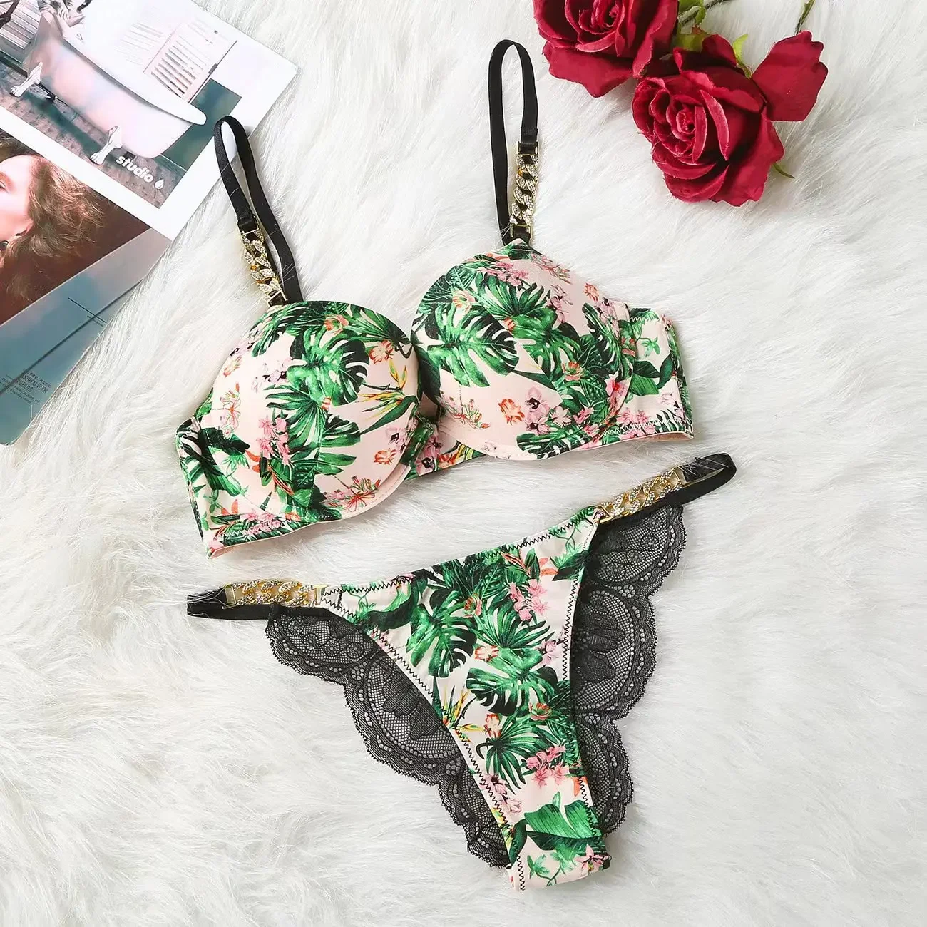 Sexy Printed Leopard Lingerie Deep V Gathering Bra Set Thongs Large Size Women Push Up Bra Sets