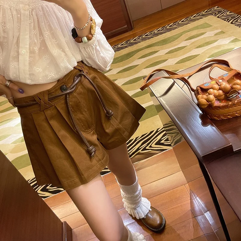 

Vimas Retro High School Sle A-Line Belted Leather Skort orts Casual Straight Leg Pants Good Fit Meat Covering Women's Summer