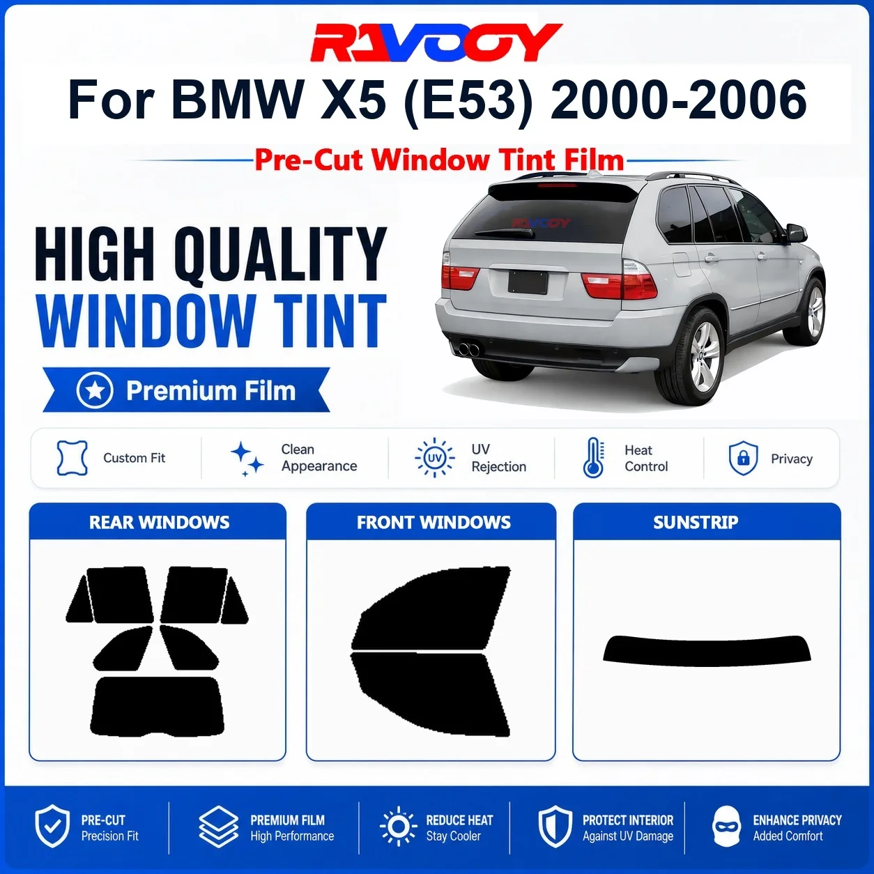 Premium Pre-Cut Window Tint For BMW X5 (E53) 2000-2006 Front & Rear Windows UV Heat Rejection Privacy Film