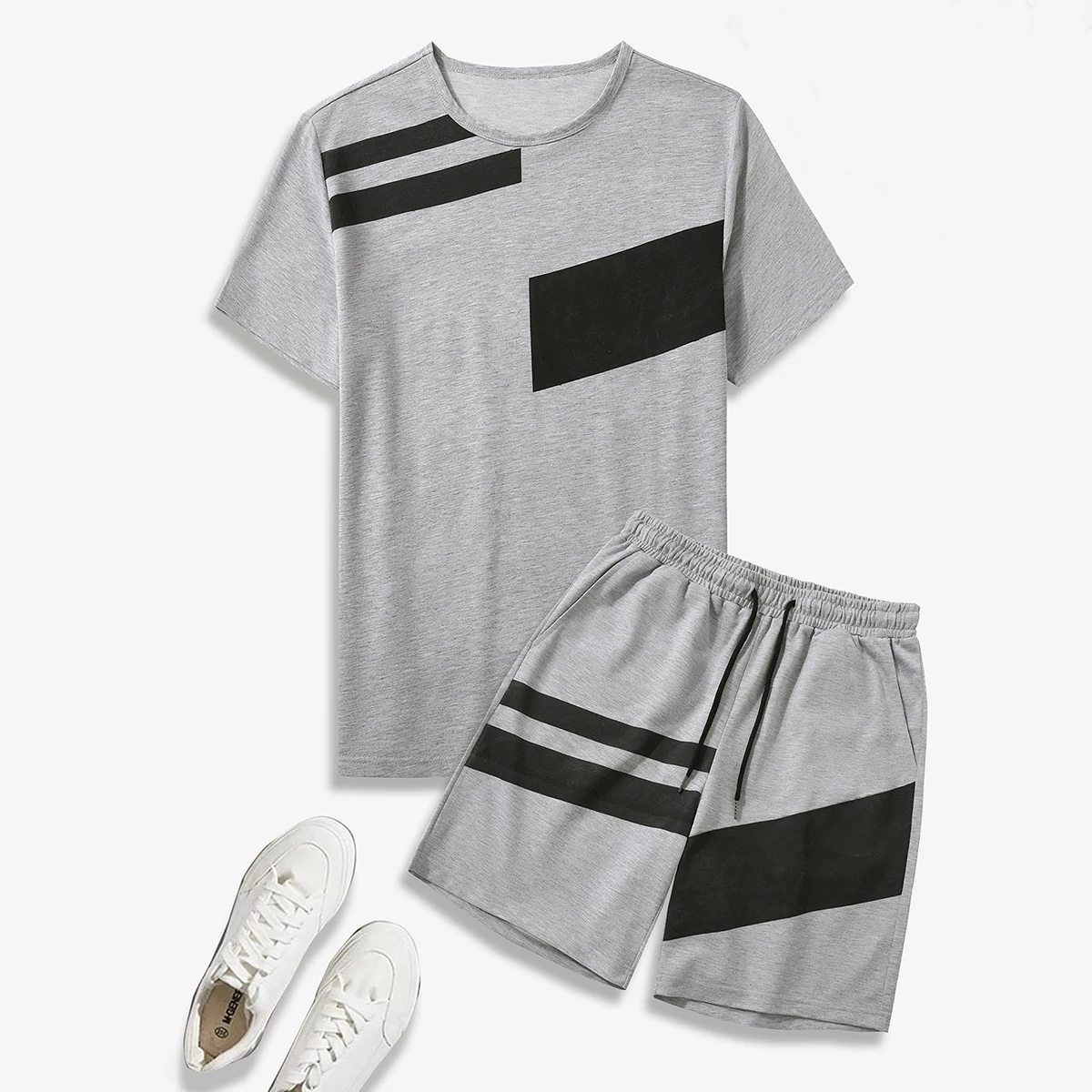 Summer Men's T-shirt Set Fashion Splicing Short Sleeve T-shirt Outdoor Sports Set