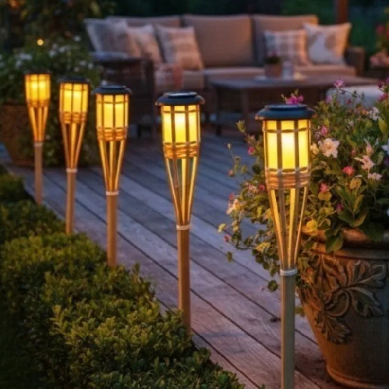

Солнечные фонари с эффектом мерцающего пламени, водонепроницаемые, 12 светодиодов, бамбуковые солнечные факелы для ландшафтного и садового декоративного освещения