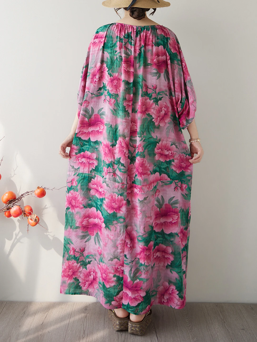 Bohemian Print Cotton Lin Loose Long Dress Bell Sleeve Cover up Slimming Robe Large Size Women's Summer Casual A-Line Dress 4