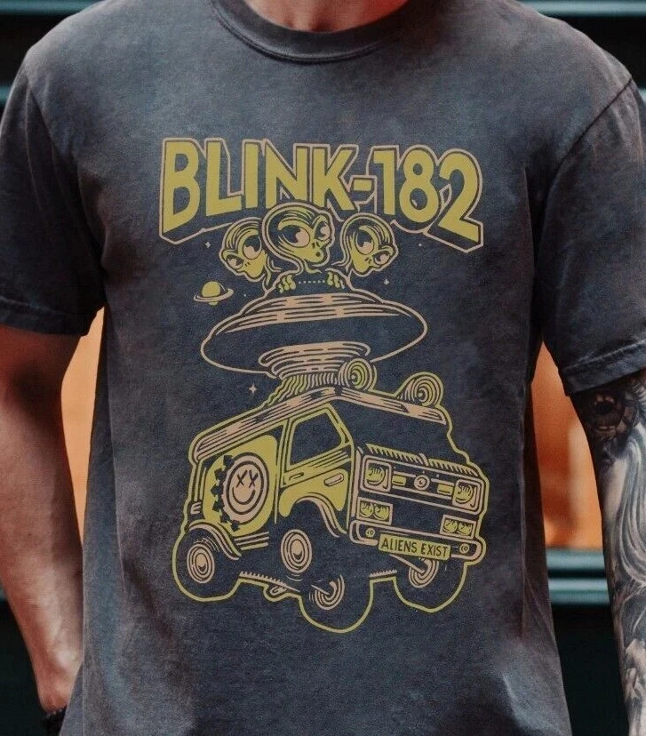 Promoção de verão Blink 182 Aliens Exist T-Shirt Punk Rock Band OnVintage Black Tee, camisa masculina de manga curta com gola redonda