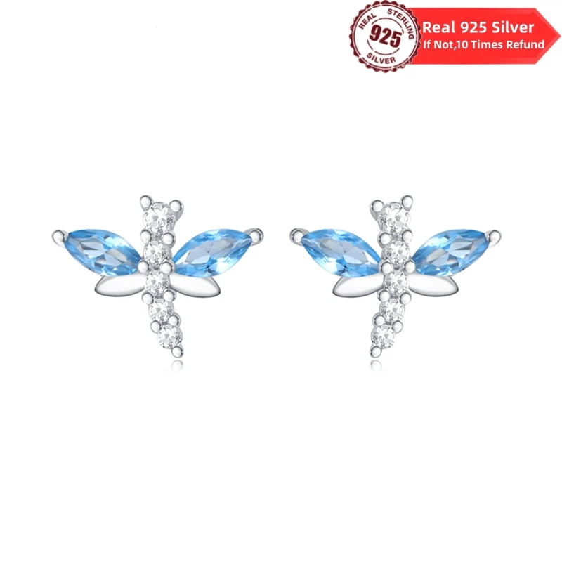 925 Sterling Silver Blue dragonfly Earrings Fit Original Charms Ear stud For Women girls Stud Earring Fine Jewelry Gifts