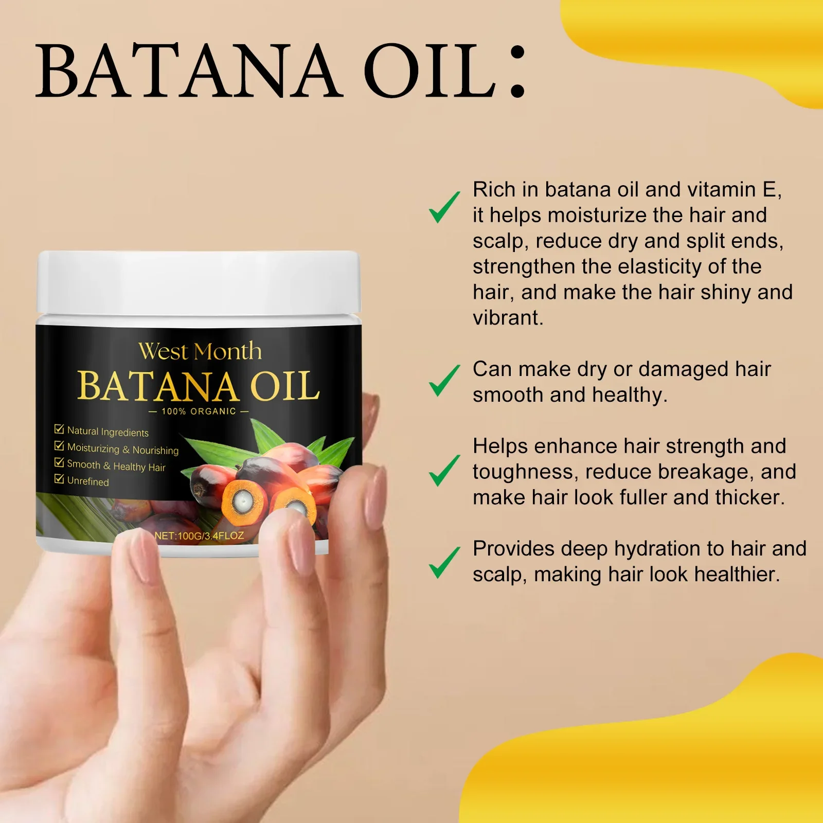 

West & Month Batana Oil Hair Care Mask Repair Hairs Root Dry Manic Nourishing Soft Hairs Dense Hair Fixation Anti Hair Loss