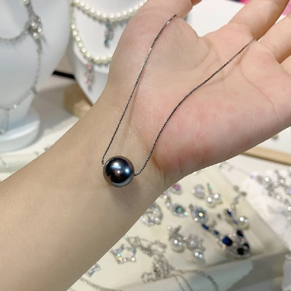 HUGE New  Stunning  AAAA+++ 12-13mm Tahitian black S925 Sterling Silver Pearl Pendant Necklace Fashion Style 9-10mm Round Beads