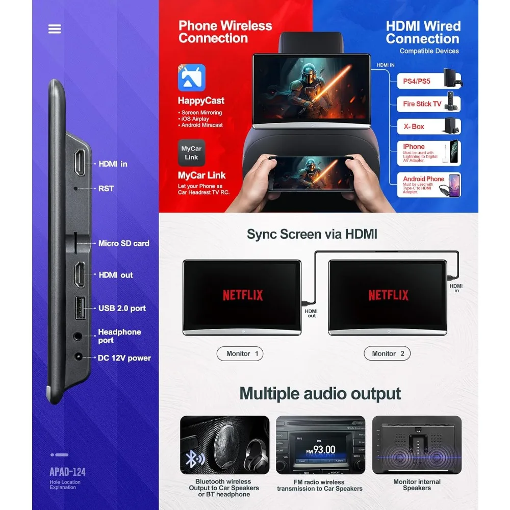 NEW - 12.4" Android 4K Car TV Headrest Monitor Tablet for Back seat, Support Phone Wireless Connection Mirror Link